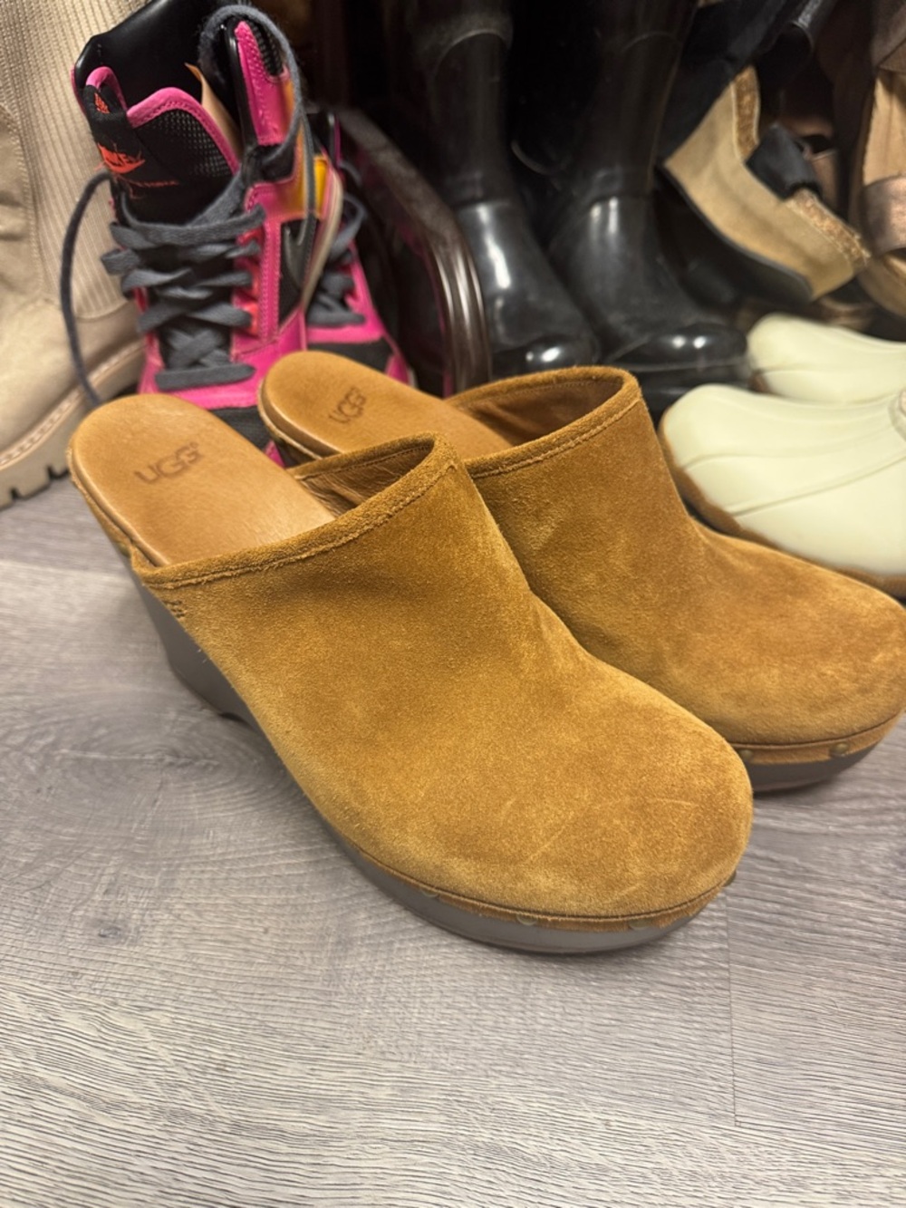 UGG Chestnut Suede Wedge Clogs